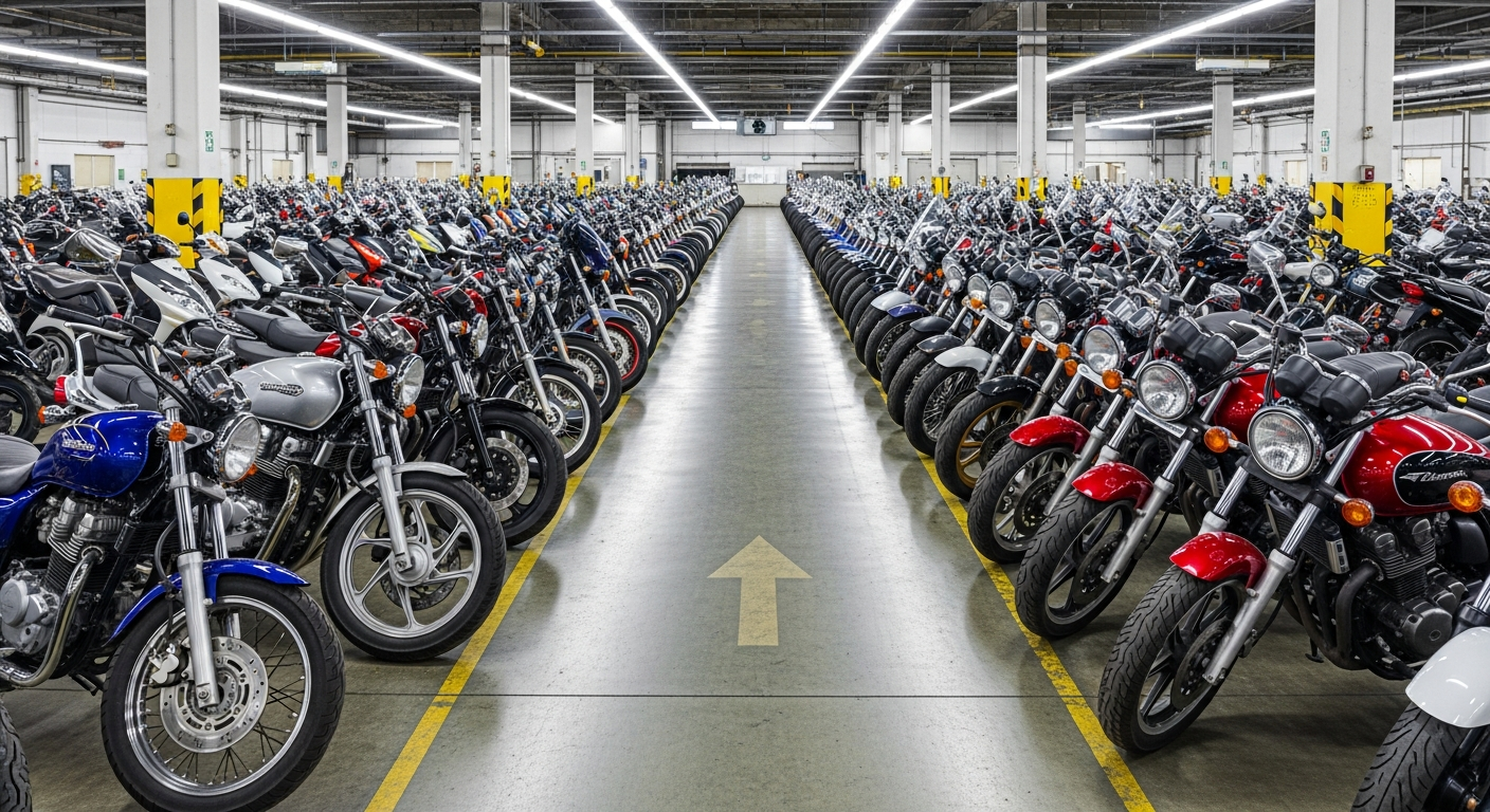 Rows of 2 stroke motorcycles to import from Japan at a dealer auction warehouse