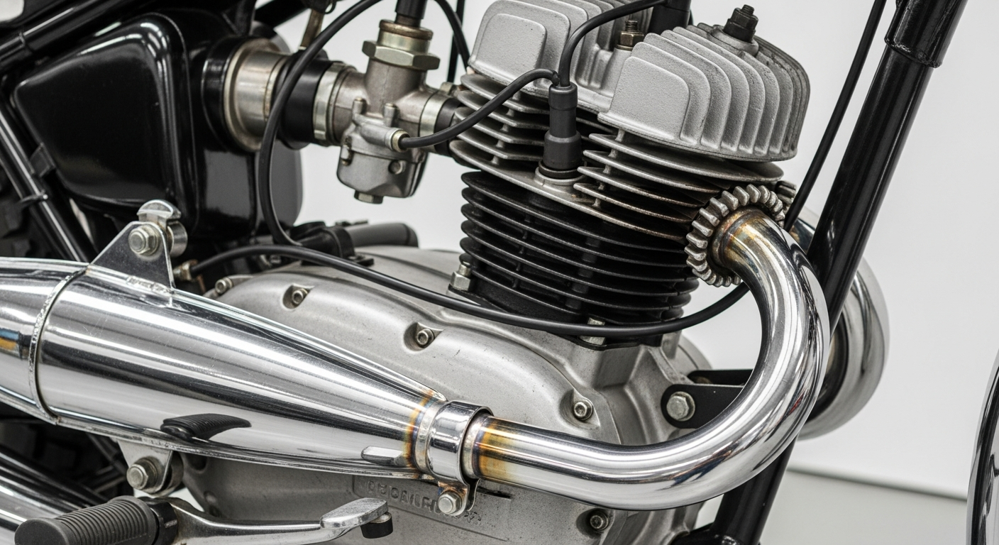 Close up of a 2 stroke motorcycle engine and expansion chamber imported from Japan