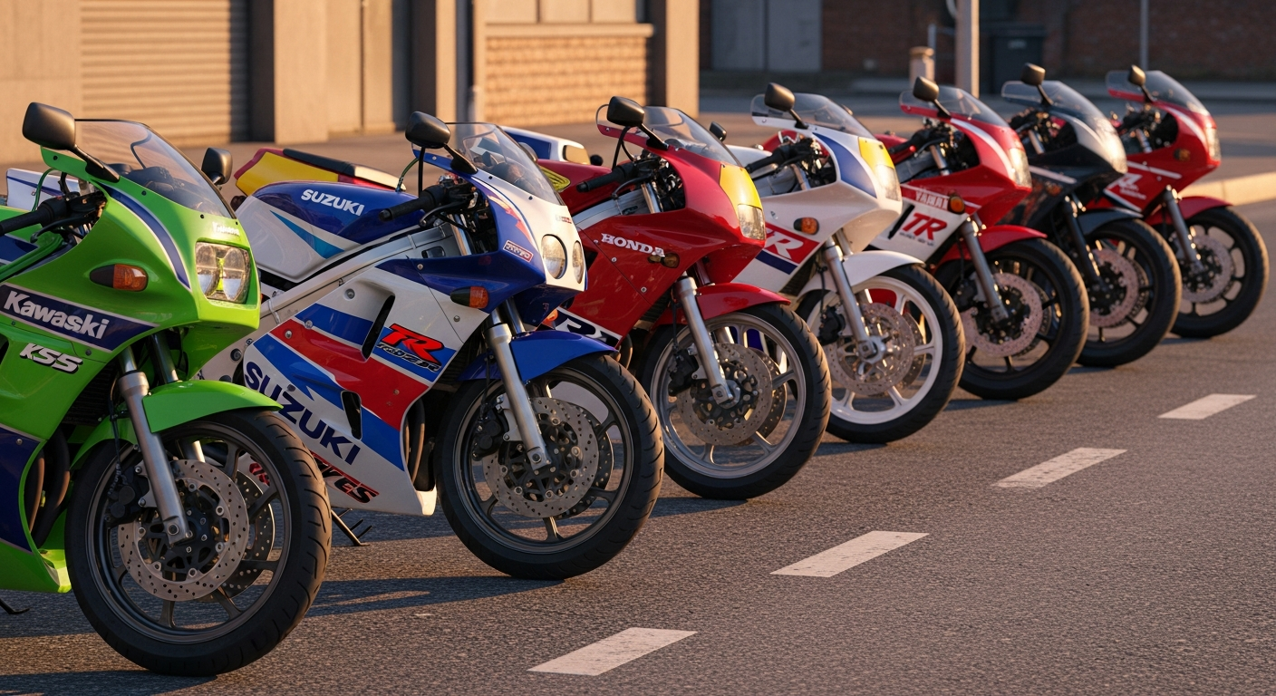 Best 2 stroke motorcycles to import from Japan lined up in an auction warehouse