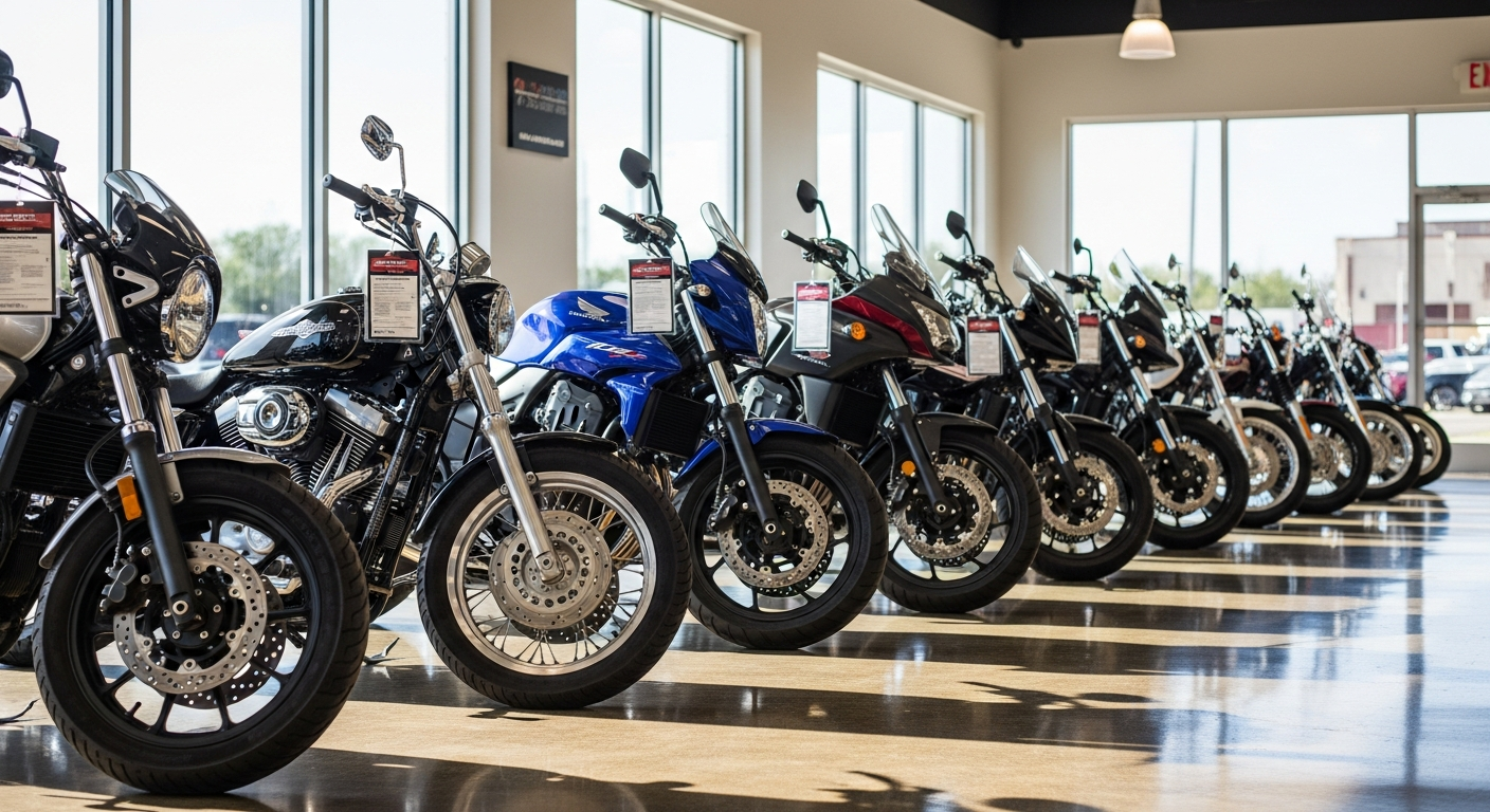صف من الدراجات النارية المستعملة 600cc في معرض