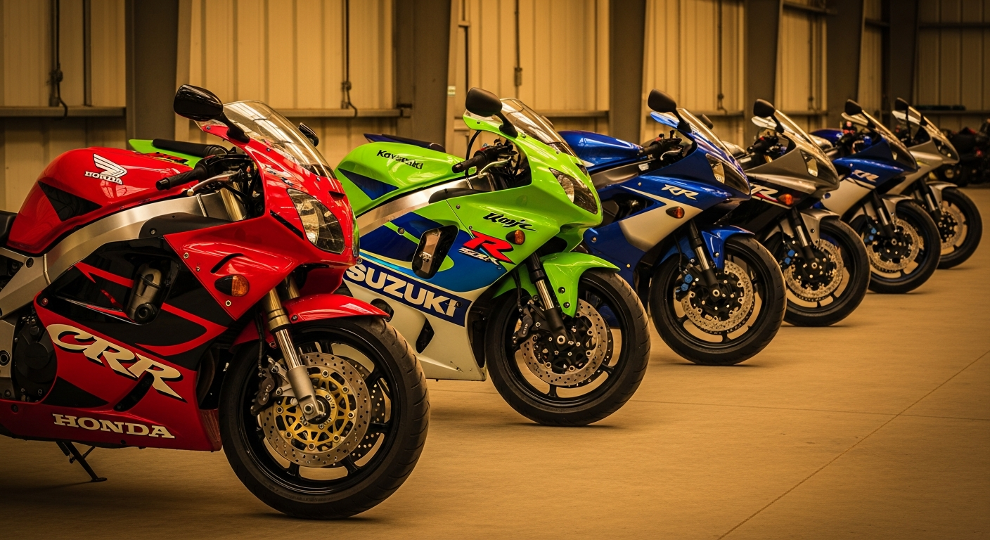 Best 600cc motorcycles to import from Japan lined up in an auction warehouse