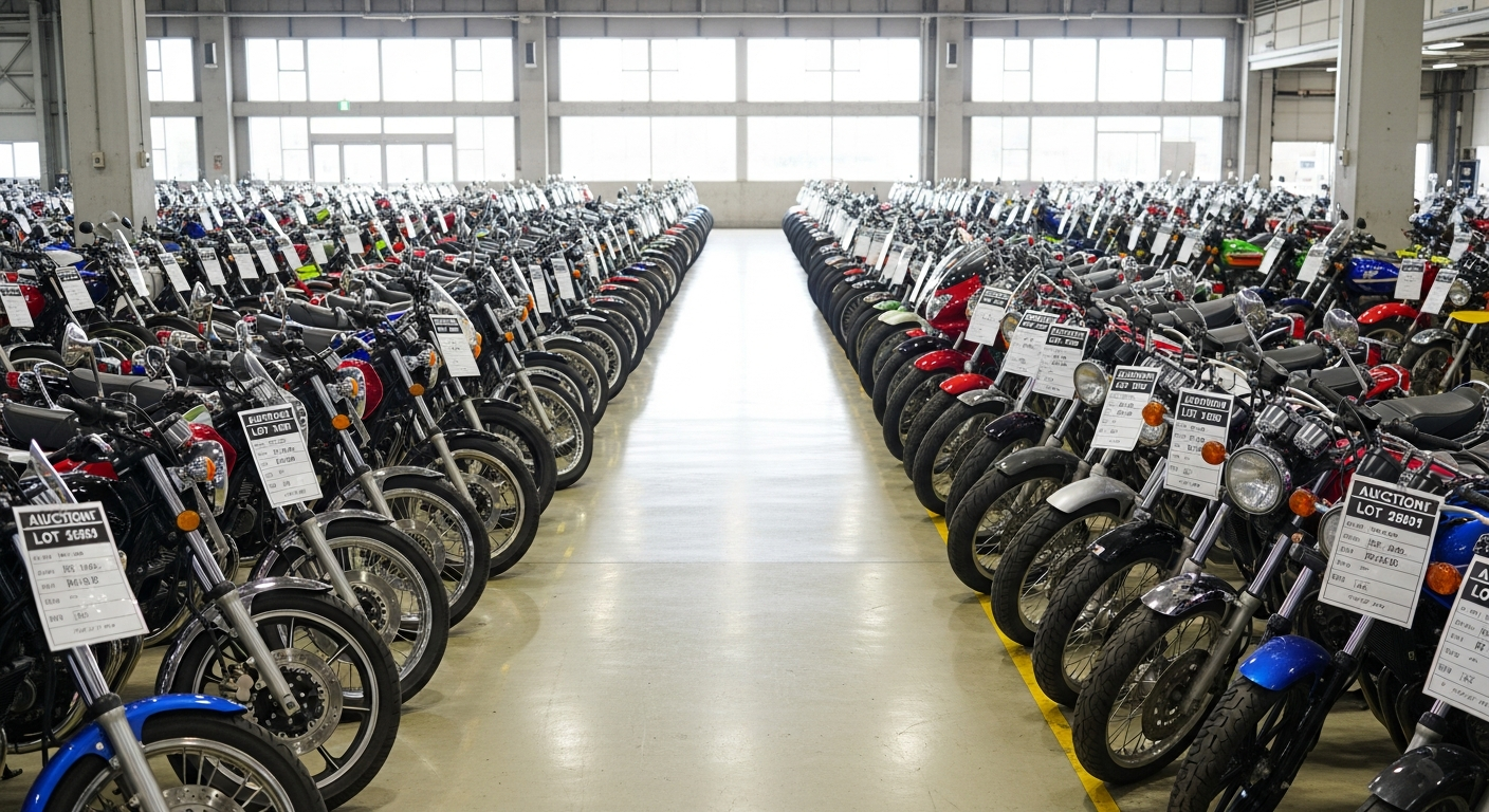 650cc twin motorcycles inspected before import from a Japanese auction warehouse
