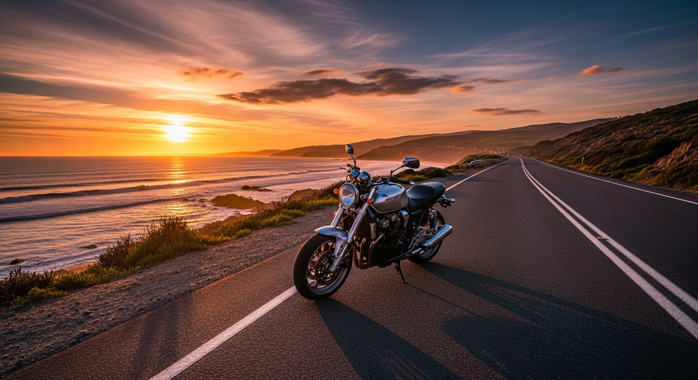 A 650cc motorcycle imported from Japan on an open road at sunset