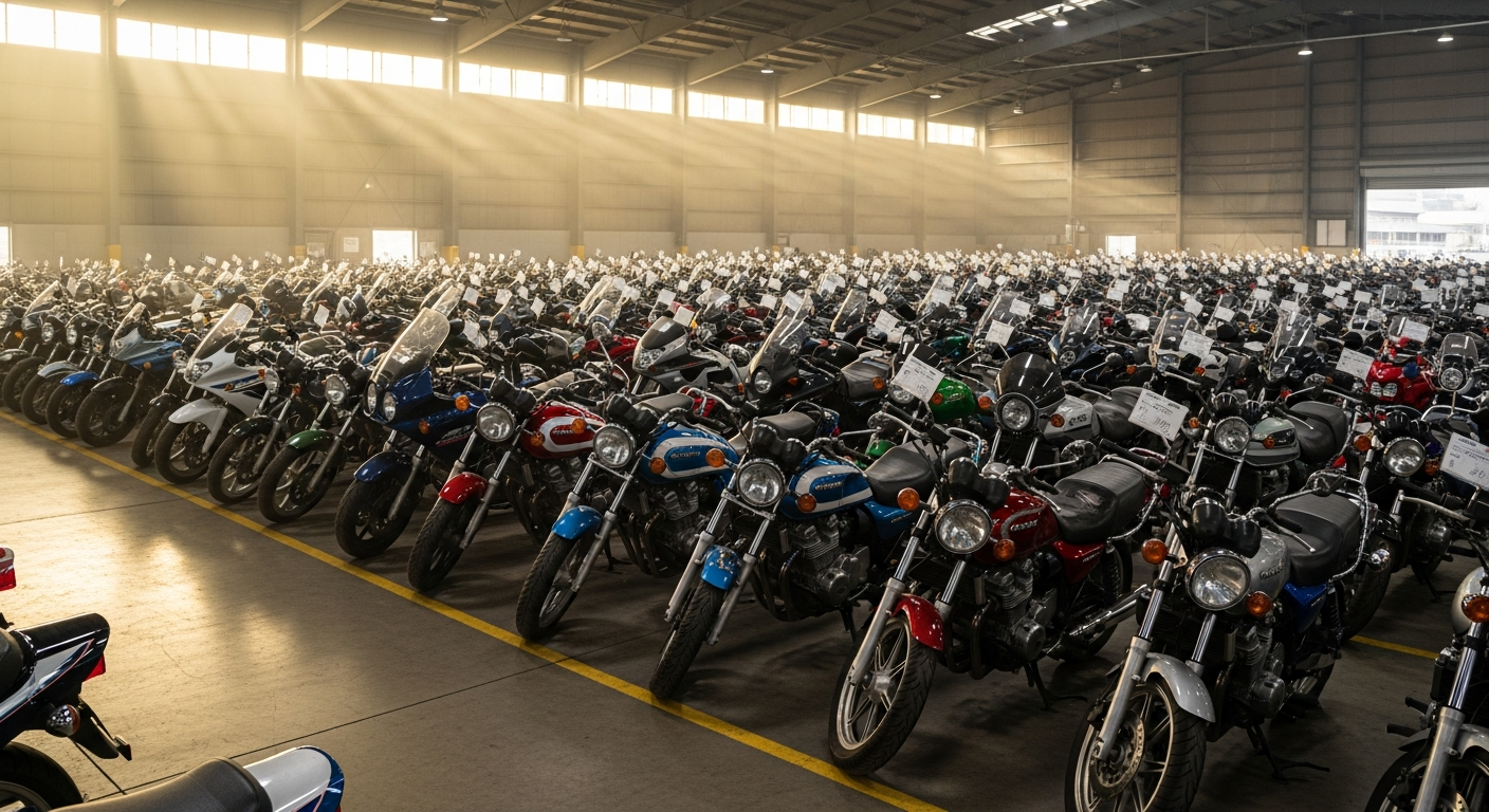 Best 650cc motorcycles to import from Japan lined up in a Japanese auction warehouse