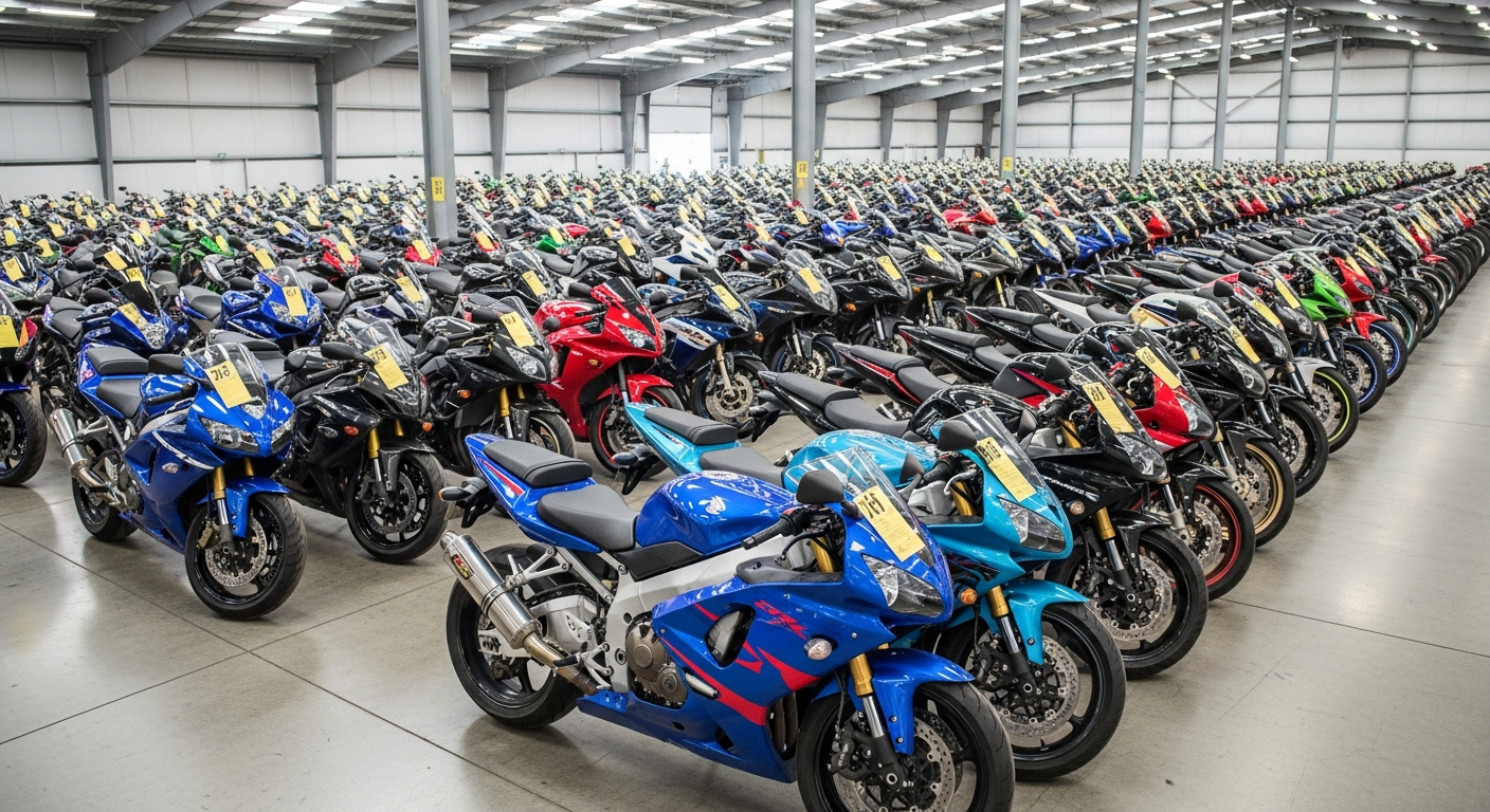 Rows of 1990s 750cc Japanese sportbikes at a Japanese motorcycle auction