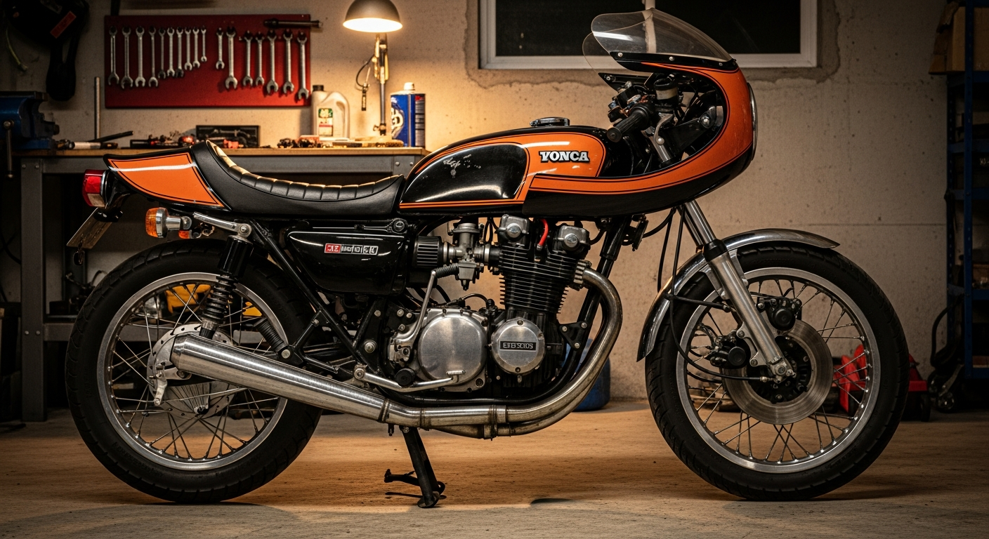 Vintage Japanese 750cc motorcycle in a garage side profile