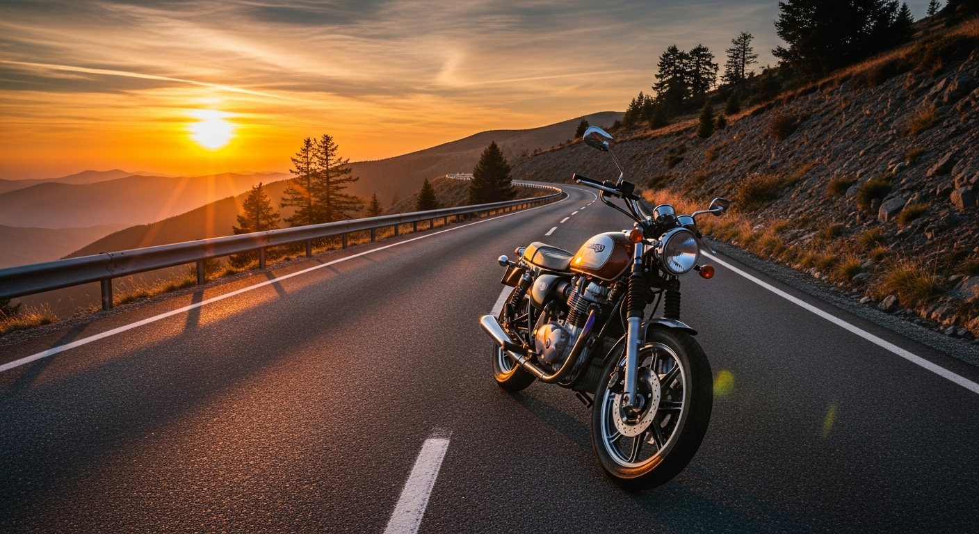 Imported 750cc Japanese motorcycle on an open road at sunset