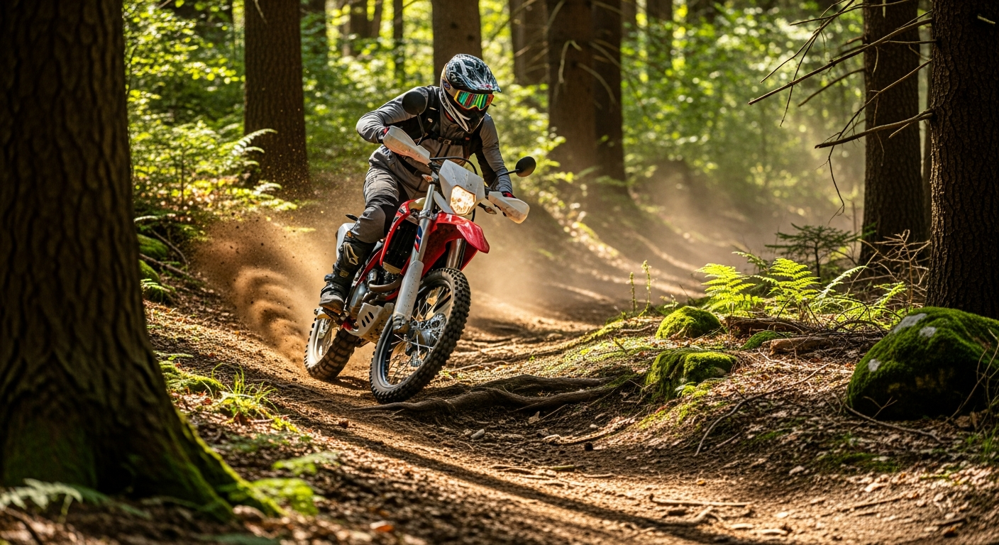 Adventure dual-sport motorcycle on a dirt trail imported from Japan