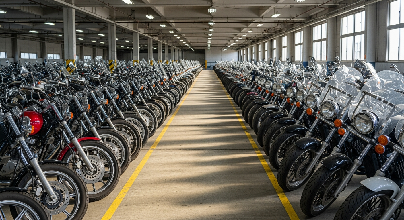 Rows of used Japanese cruiser motorcycles to import lined up in an auction warehouse in Japan