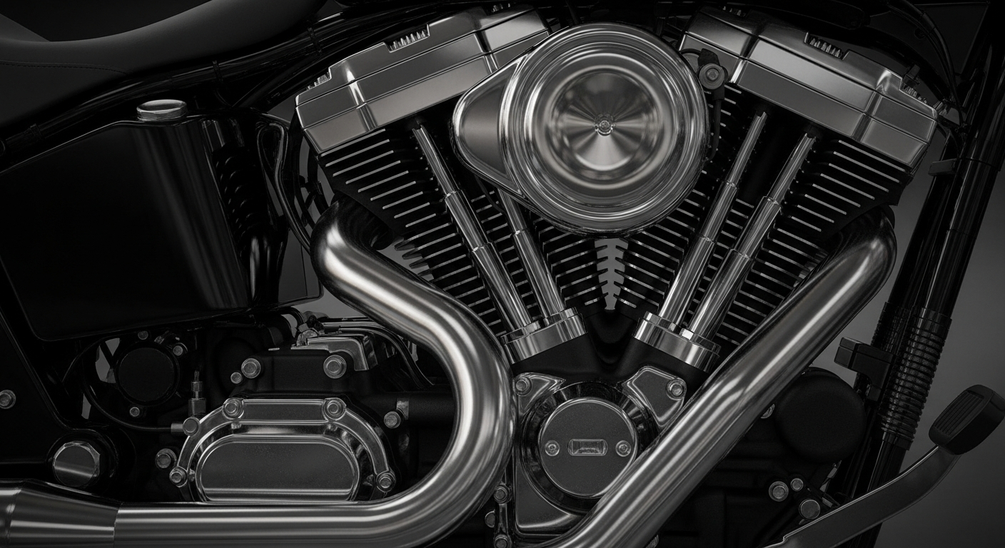 Close-up of an air-cooled V-twin engine on a Japanese cruiser motorcycle imported from Japan