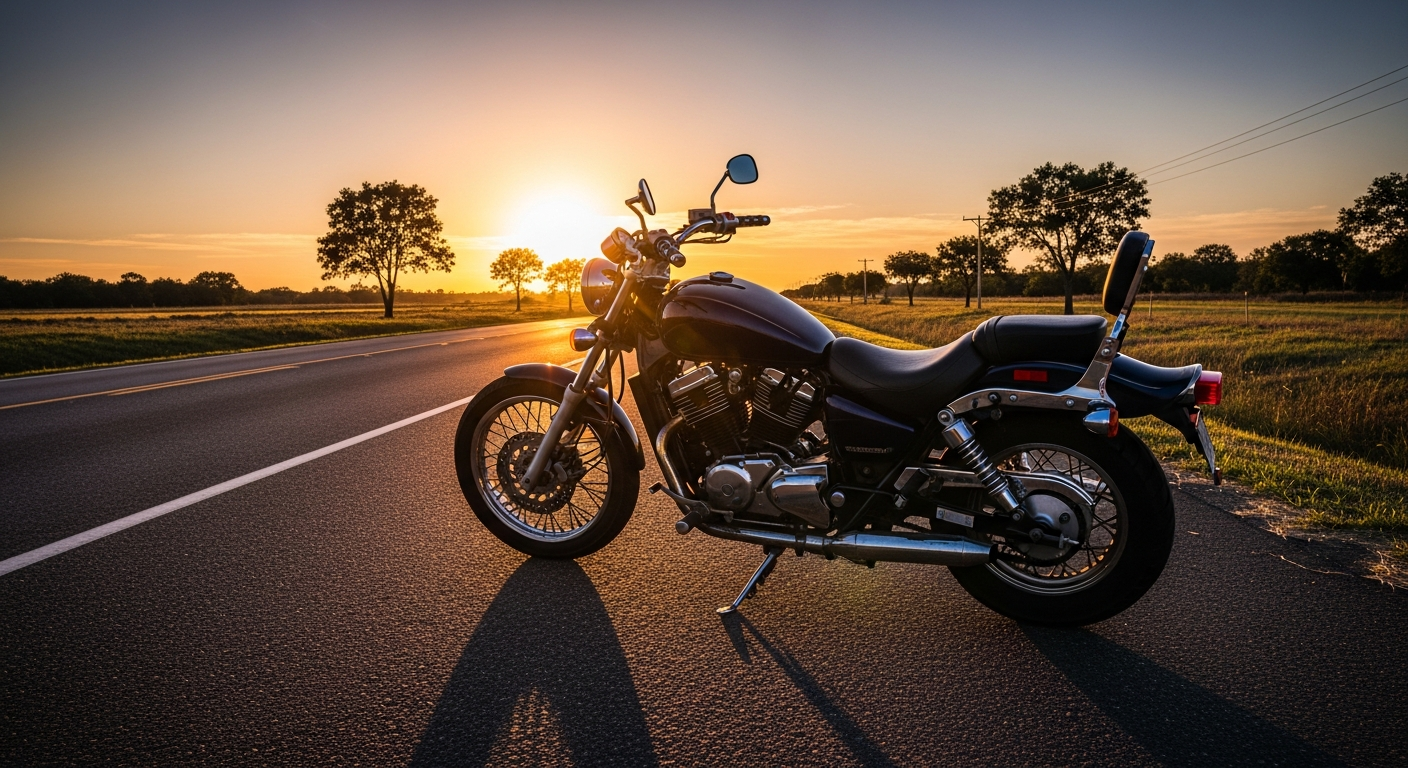 Imported Japanese cruiser motorcycle from Japan parked on an open road at sunset
