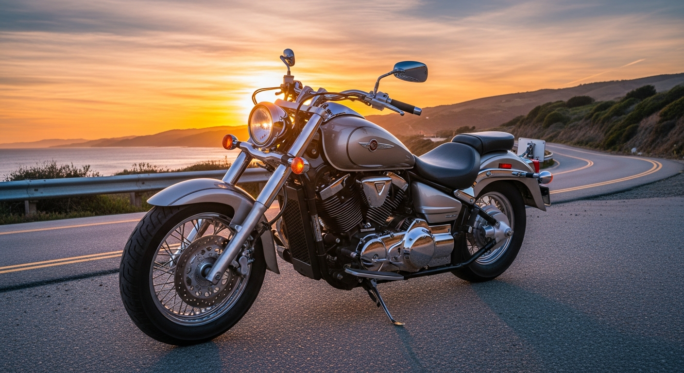 Best Japanese cruiser motorcycle to import from Japan parked on a coastal road at sunset