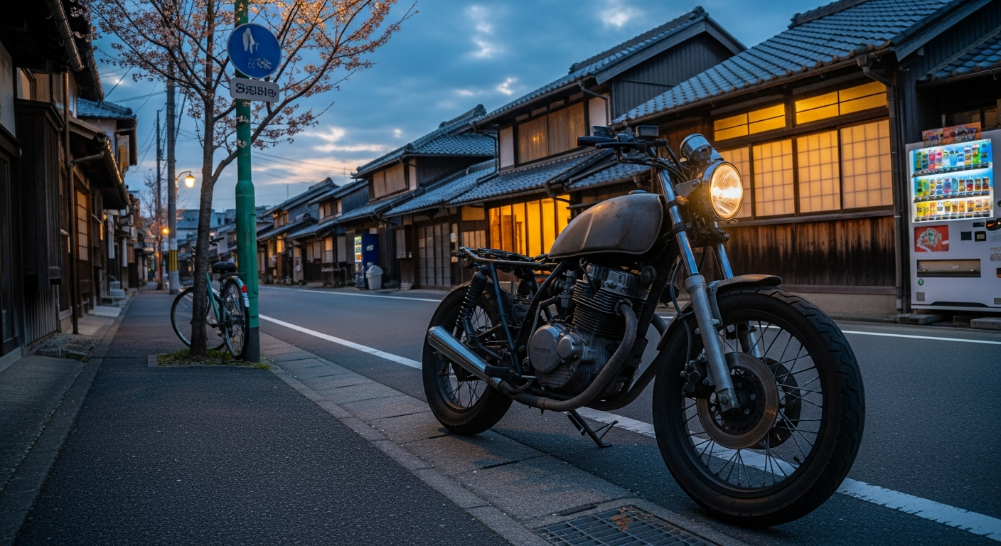 CB400SF style Japanese naked bike on a city street at dusk, best naked motorcycles to import from Japan