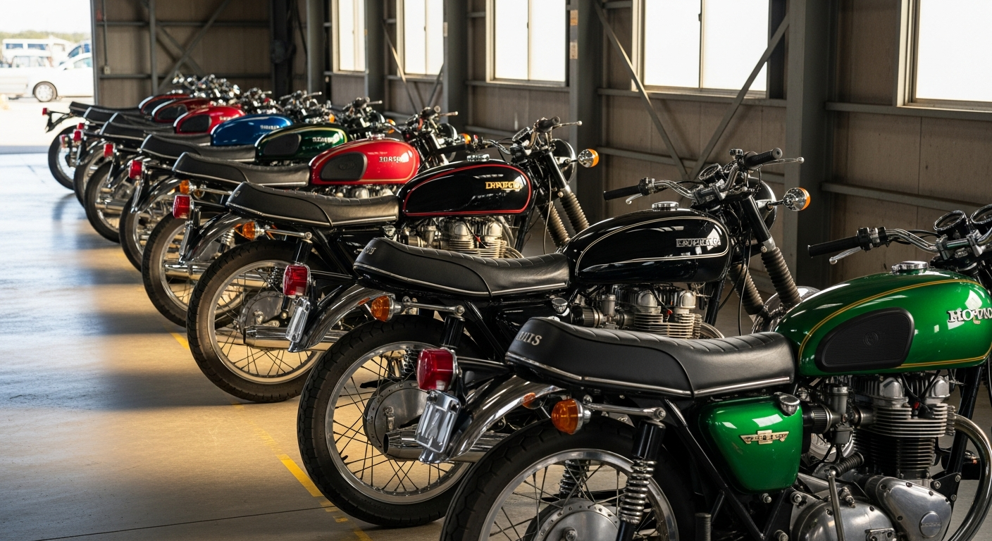 Best naked motorcycles to import from Japan lined up in a Japanese auction warehouse