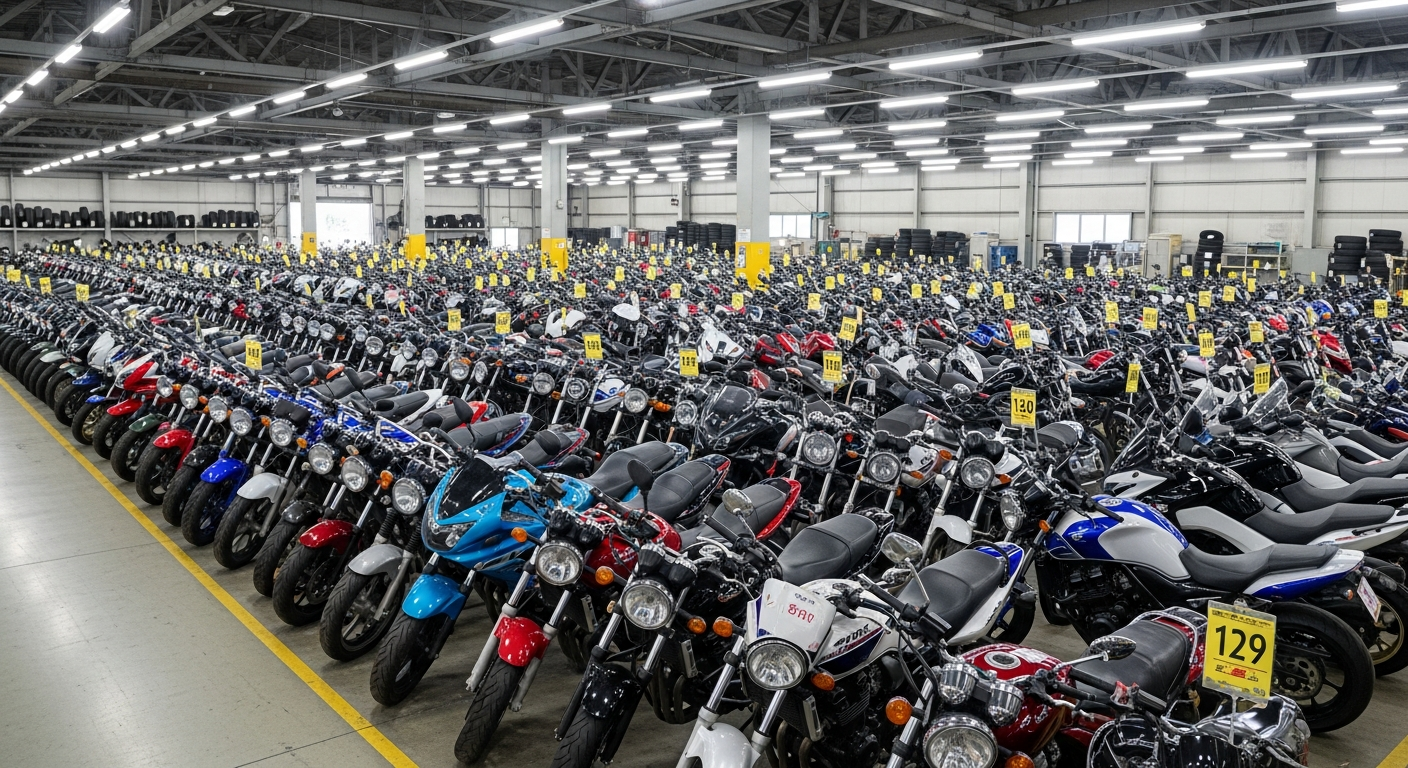 Rows of used touring motorcycles at a Japanese auction, best touring motorcycles to import from Japan