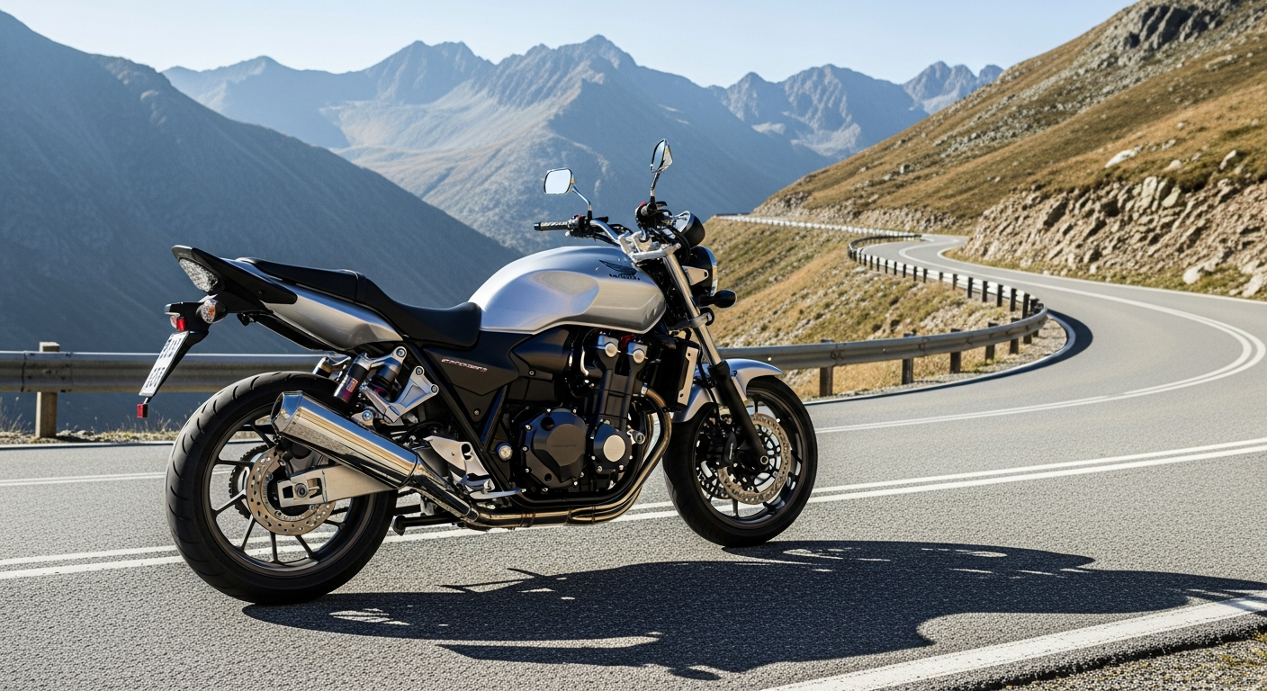 Silver Honda CB1300 inline-four naked bike on an open road