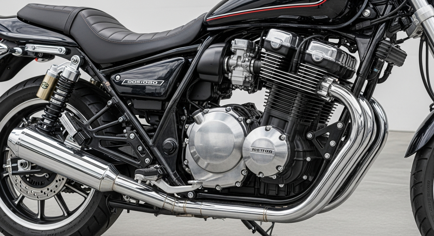 Close-up of the Honda CB1300 inline-four engine and chrome exhaust