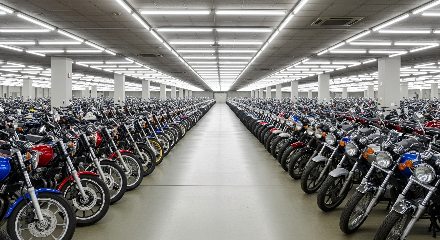 Rows of used motorcycles lined up at a Japanese auction inspection hall