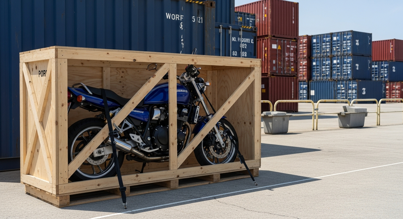 Honda CB1300 secured in a shipping crate at a Japanese port for export