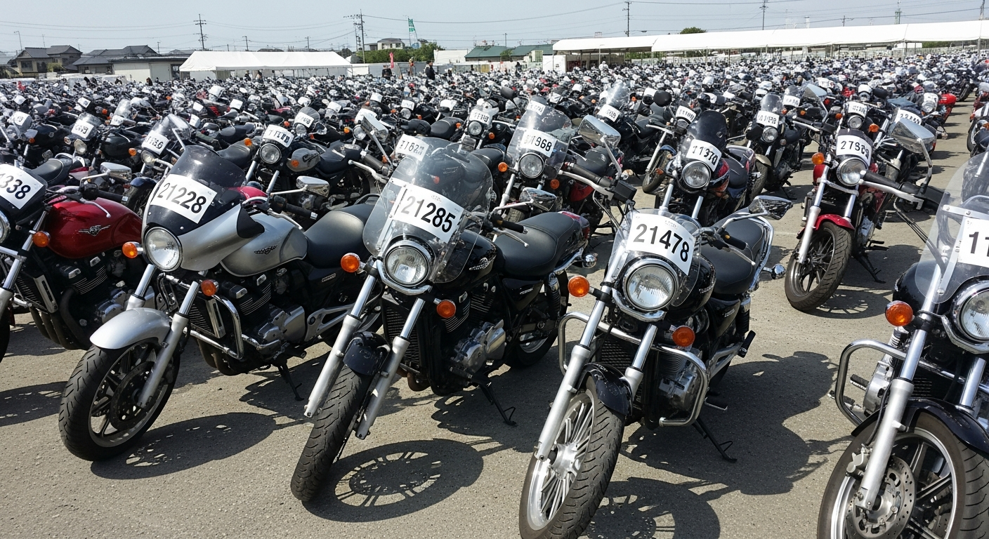 Rows of used Japanese motorcycles lined up at an auction yard in Japan ready to import