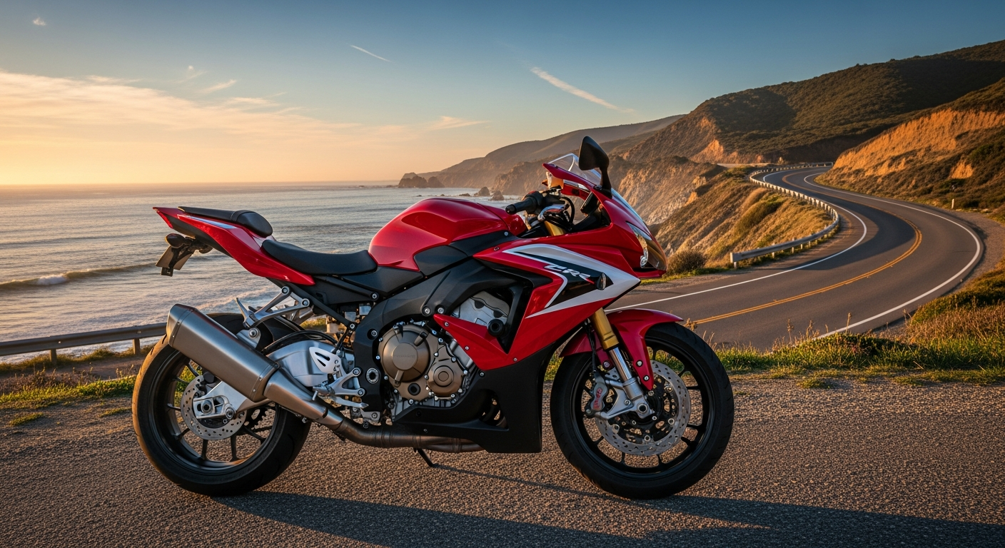 Red and white Honda CBR250RR MC22 sportbike on a coastal road after import from Japan