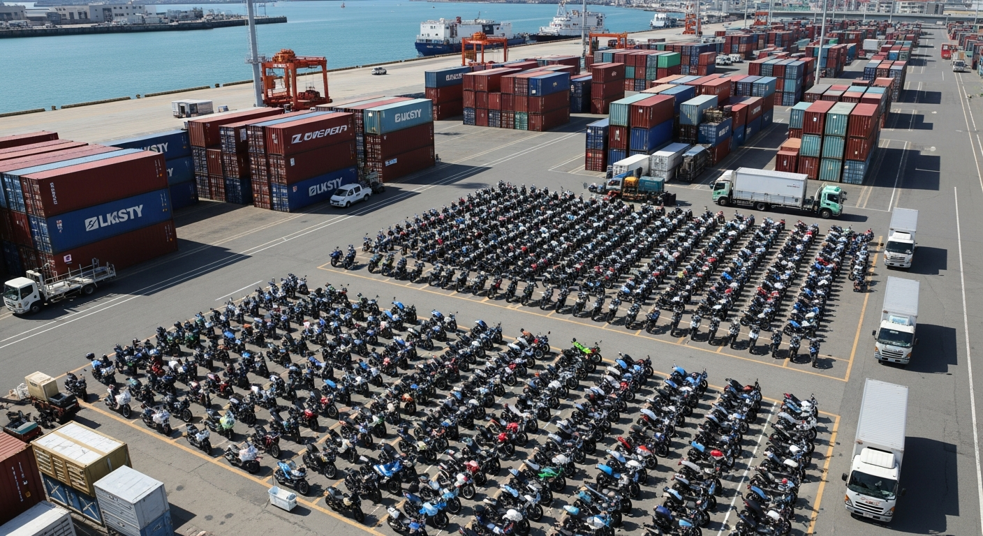 Motorcycles at a Japanese port being prepared for export shipping after auction purchase