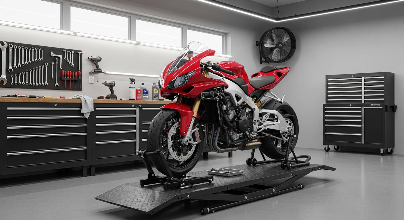 Red Honda CBR250RR MC22 sport motorcycle on a workshop stand being serviced