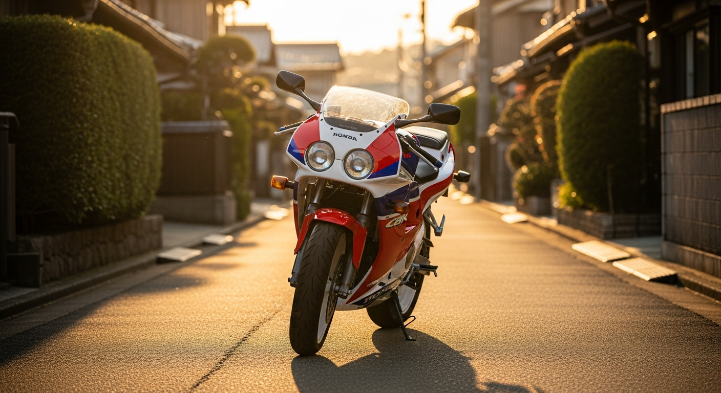 Honda CBR250RR MC22 imported from Japan parked on a quiet Japanese street at golden hour