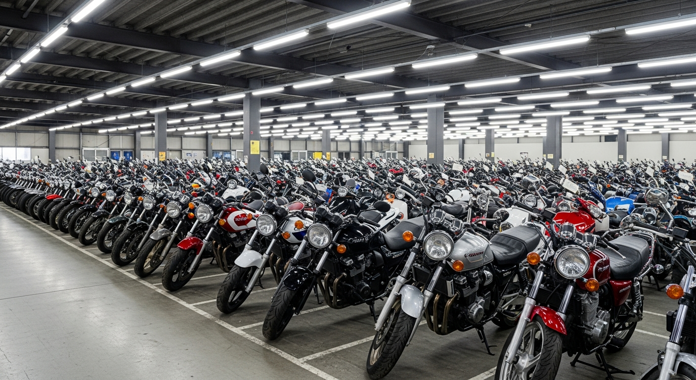 Rows of used motorcycles lined up inside a Japanese auction warehouse before being imported to Australia
