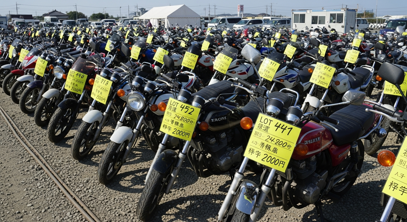 Rows of used Japanese motorcycles lined up at an auction yard in Japan ready to import to Canada