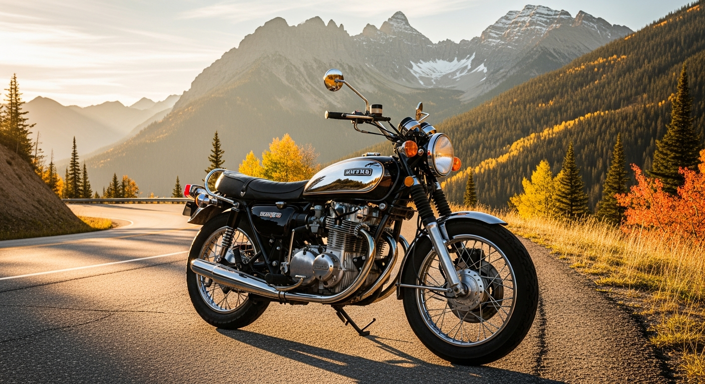Clean Japanese motorcycle on a Canadian mountain road after being imported from Japan