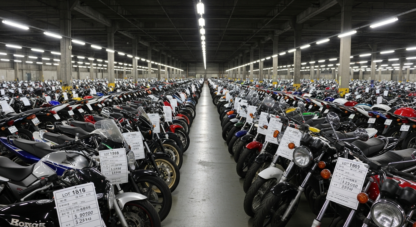 Rows of used Japanese motorcycles in an auction warehouse ready to import from Japan to New Zealand