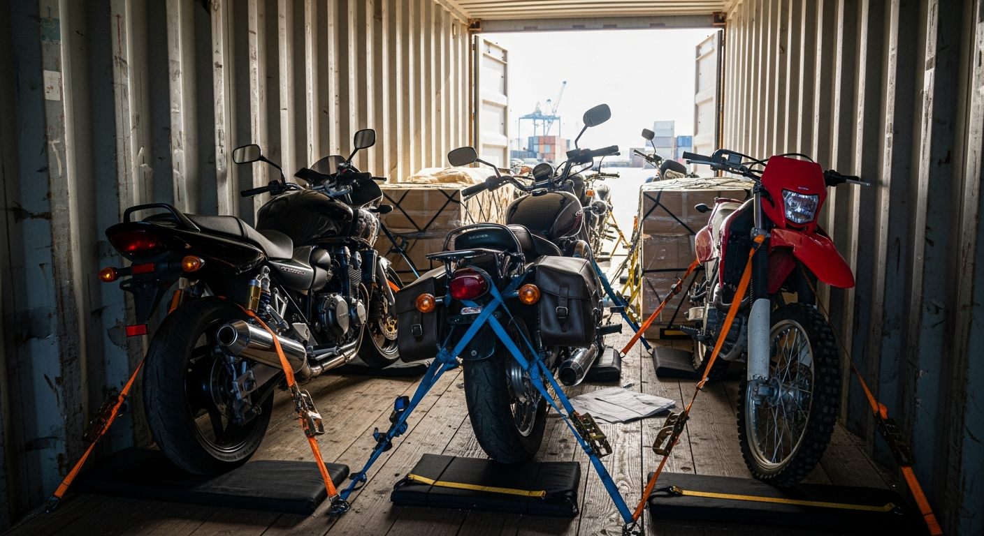 Motorcycles strapped inside a shipping container for import from Japan to New Zealand
