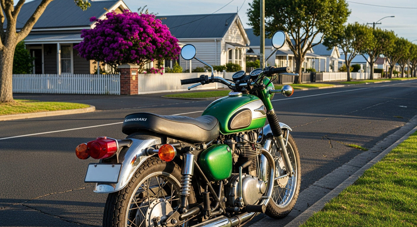 Vintage Japanese motorcycle imported from Japan parked on a New Zealand street
