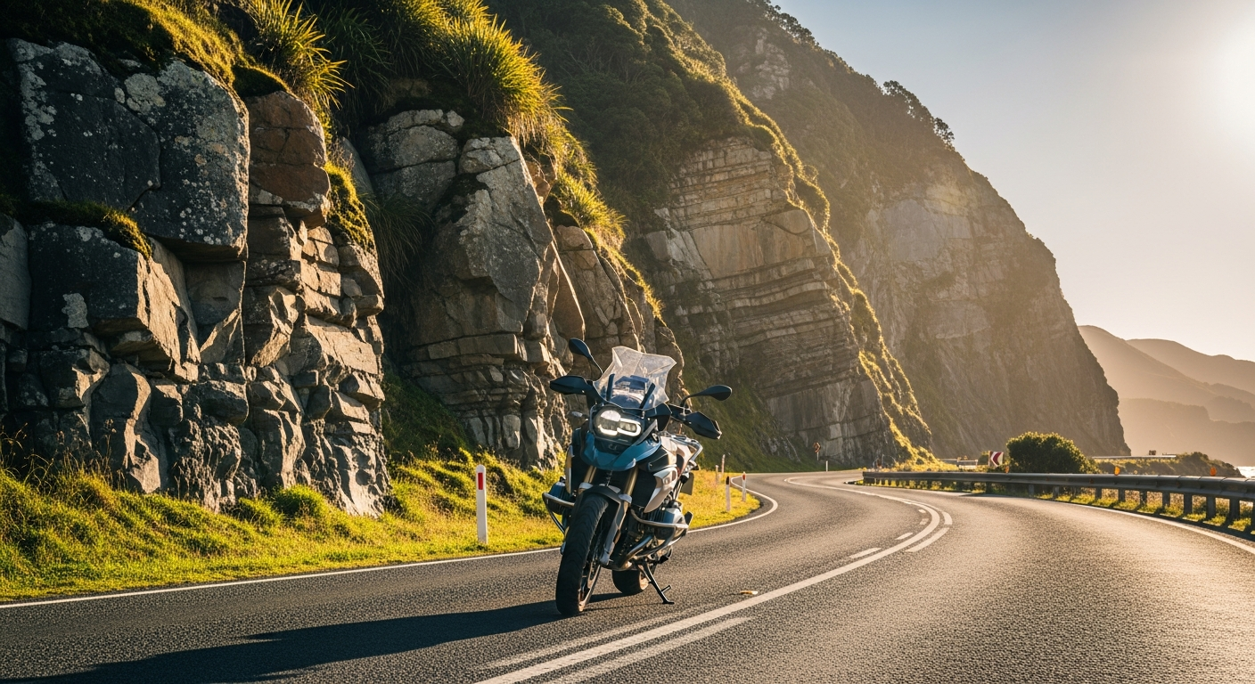 Clean Japanese motorcycle on a scenic New Zealand coastal road after being imported from Japan