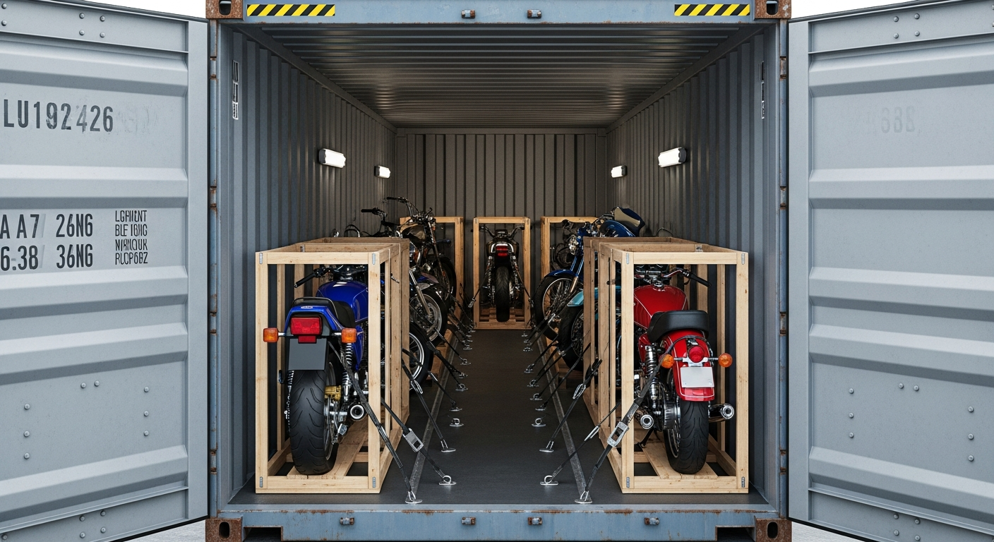Motorcycles crated inside a shipping container for import from Japan to the USA