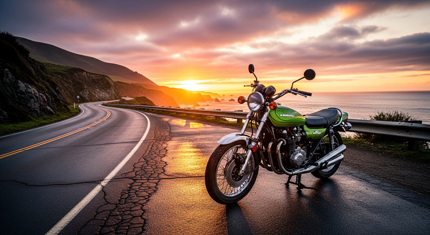 Vintage Japanese motorcycle imported from Japan to the USA on an open road