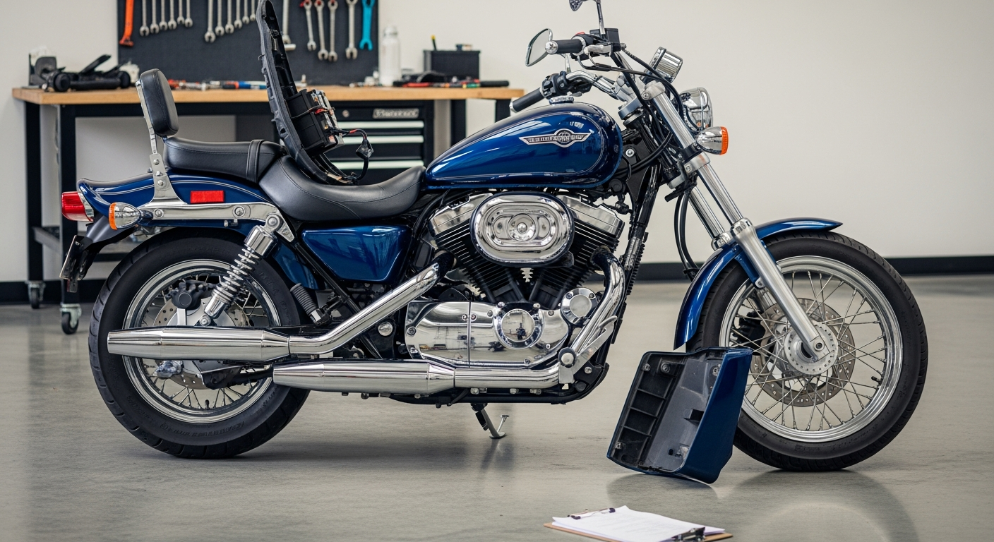 Inspector checking a used motorcycle at a Japanese motorcycle auction house