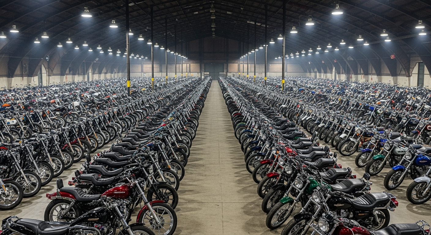 Large hall at the BDS Japanese motorcycle auction house with hundreds of bikes