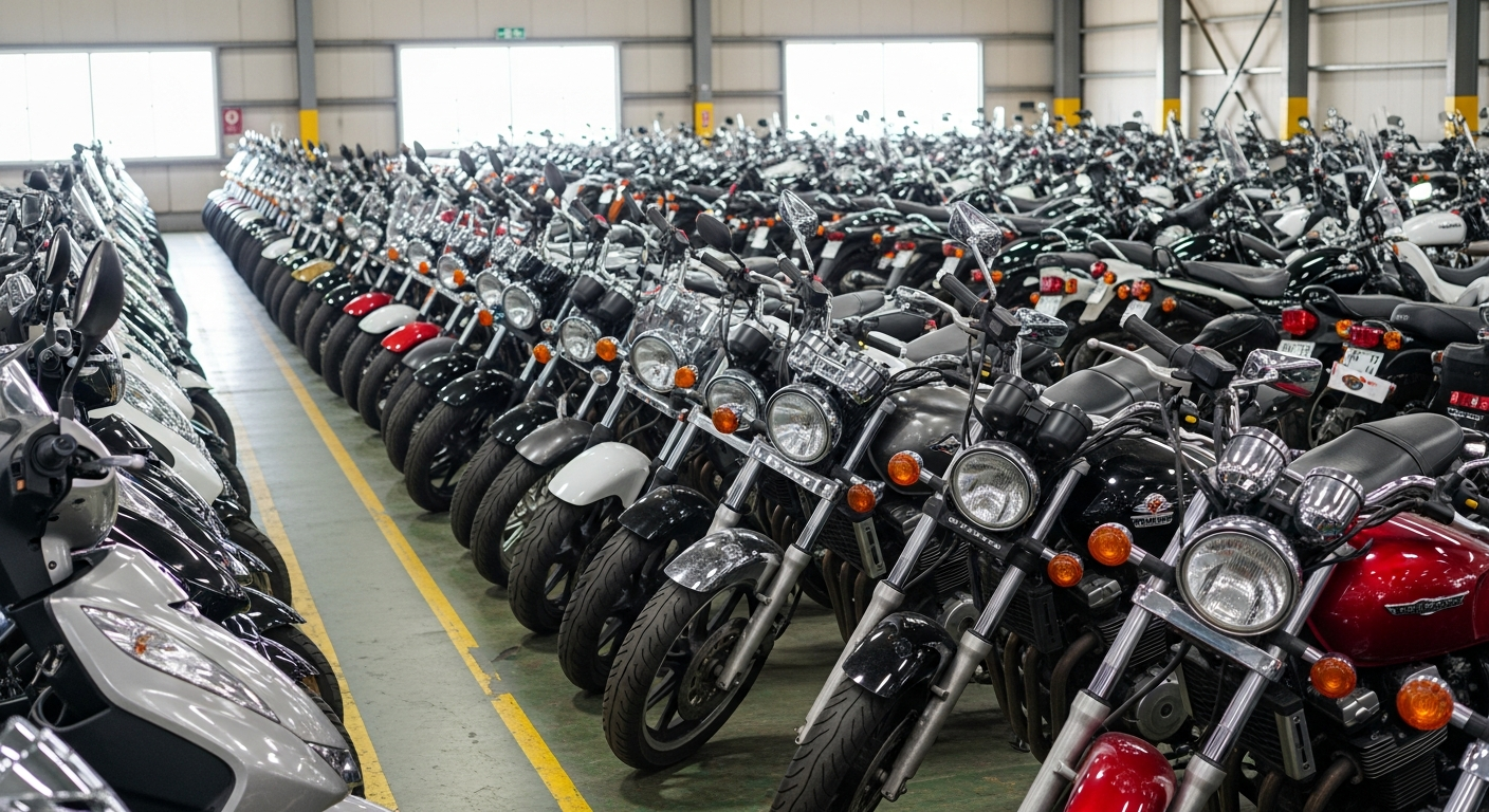 Rows of used motorcycles lined up inside a Japanese motorcycle auction house ready for bidding