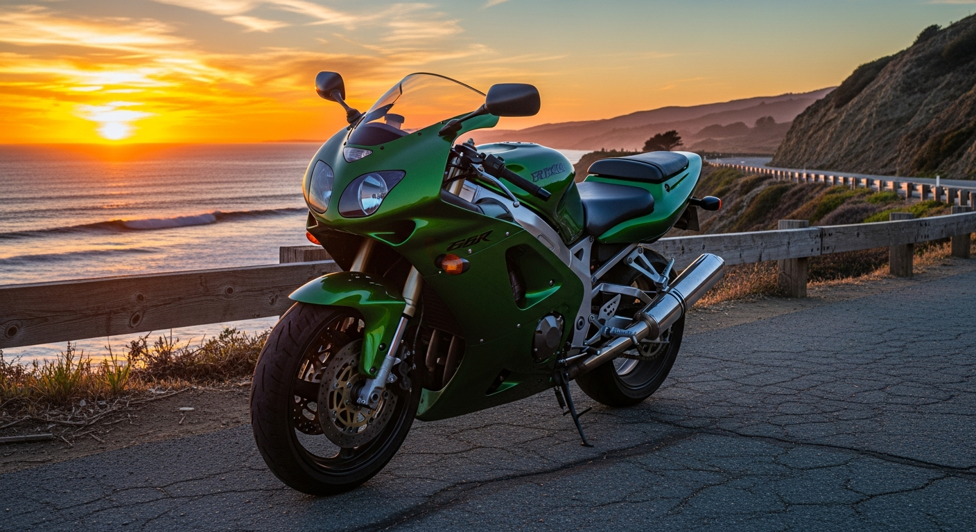 Kawasaki ZX-9R import from Japan parked on a coastal road