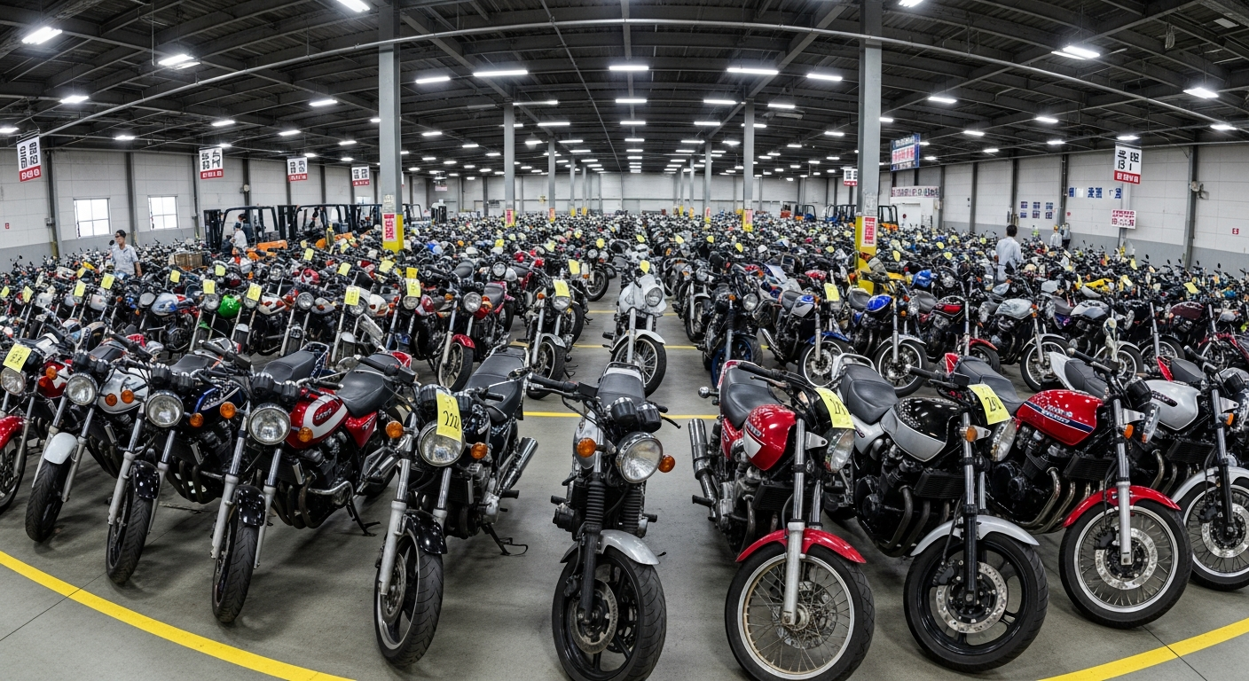 Rows of used sport bikes inside a Japanese auction hall where you can import a Kawasaki ZZR1100 from Japan