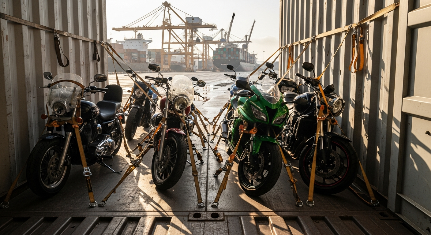 Motorcycles secured in a shipping container at a Japanese port to import a Kawasaki ZZR1100 from Japan