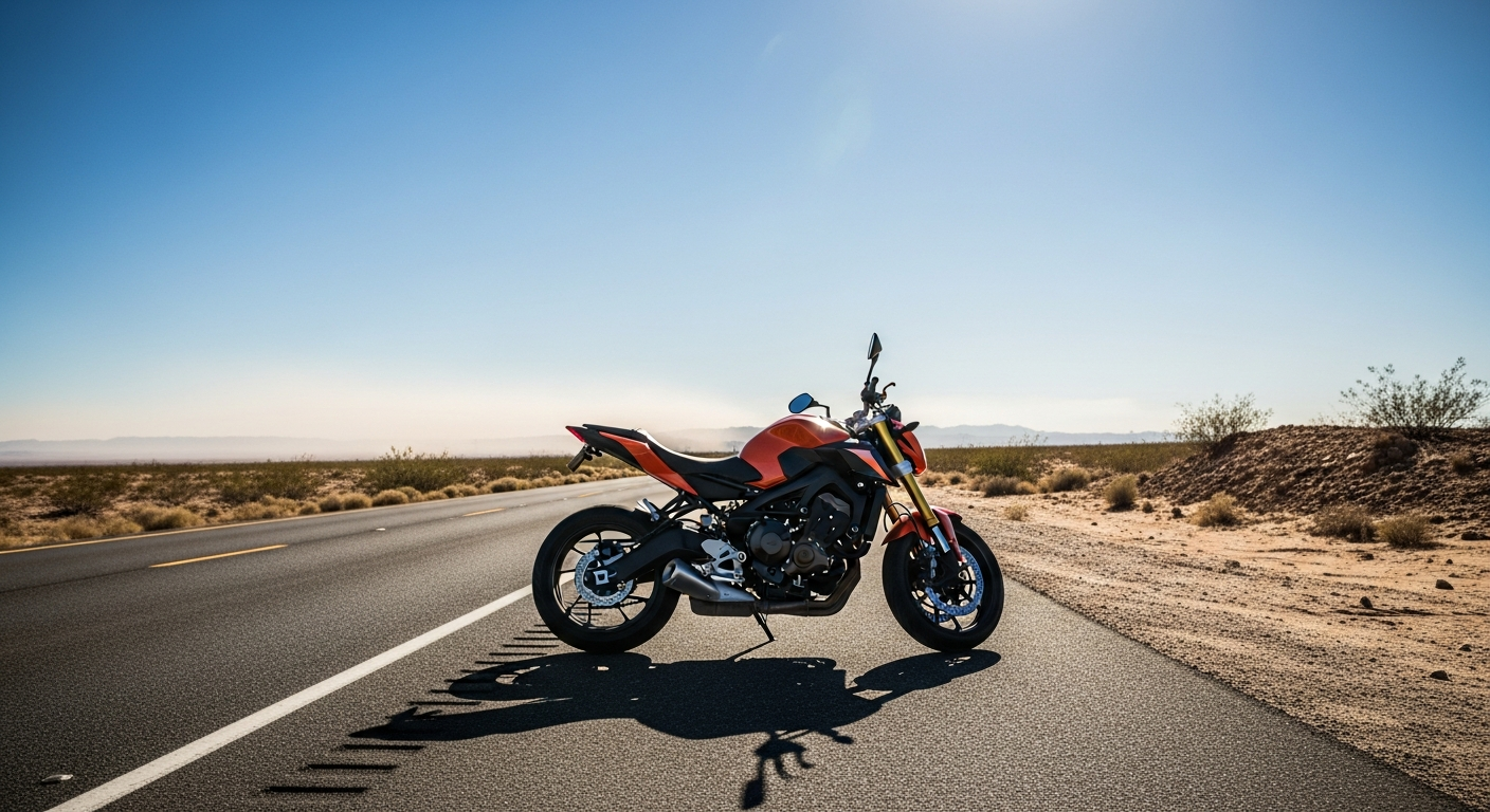 دراجة KTM Duke 390 على طريق صحراوي خليجي تحت سماء صافية