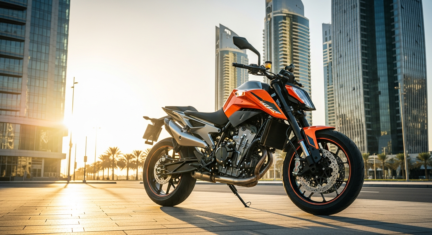 دراجة KTM Duke 390 برتقالية مركونة في شارع خليجي حديث