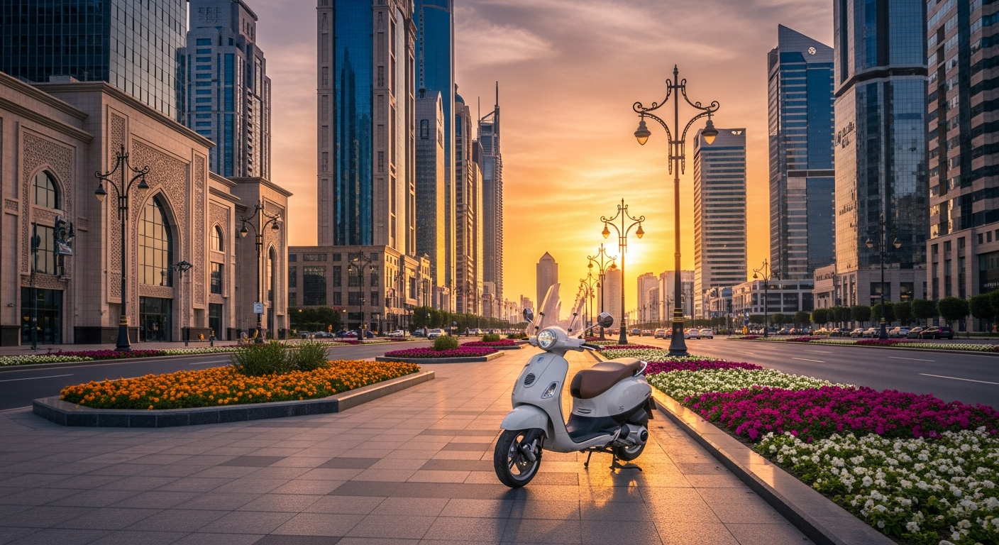 سكوتر في شارع مدينة خليجية وقت الغروب