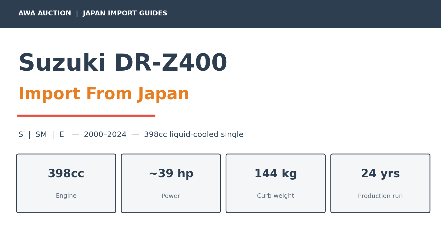 Suzuki DR-Z400 import from Japan buyer's guide cover with 398cc engine and weight specifications