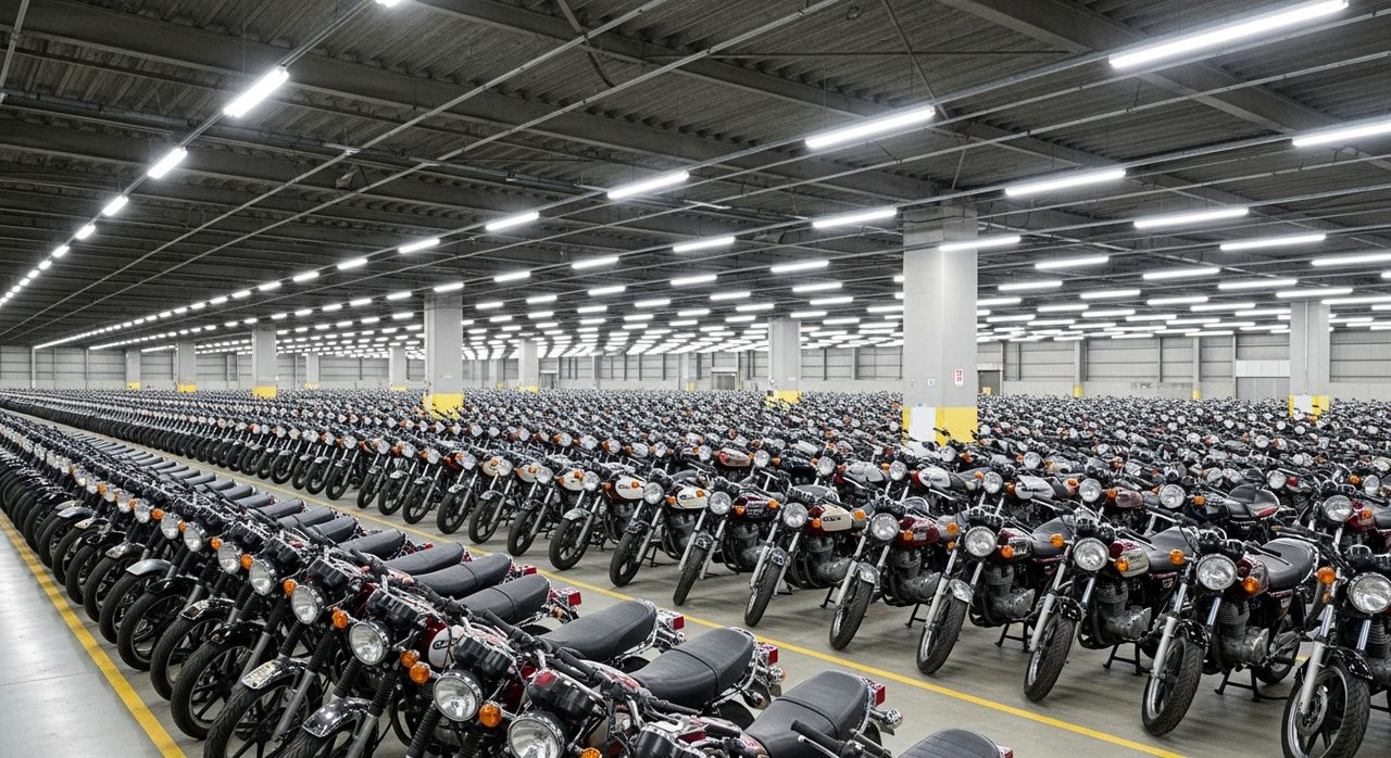 Japanese motorcycle auction house rows of bikes including Suzuki RGV250 Gamma