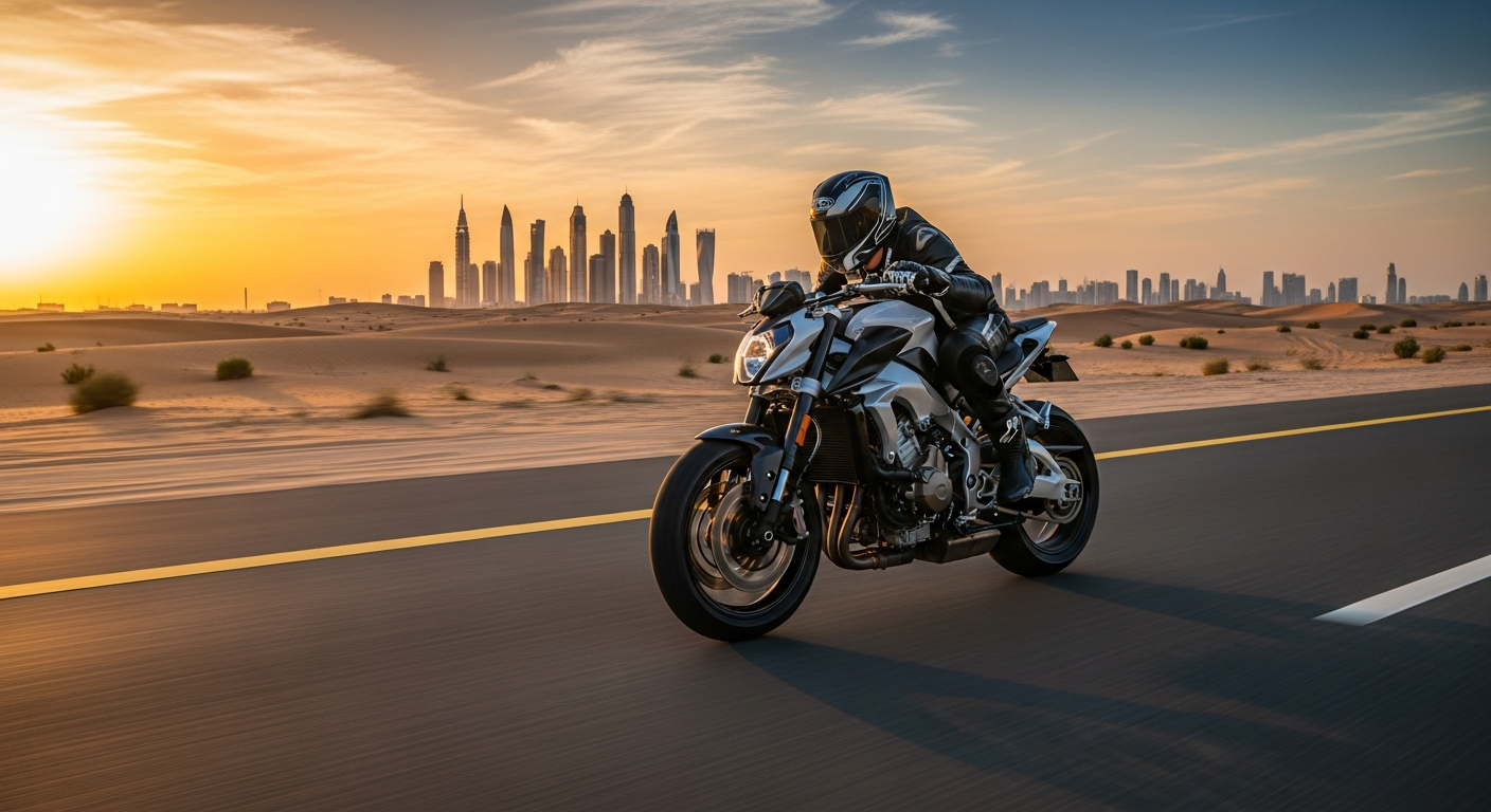 سوزوكي SV650 على طريق صحراوي قرب مدينة خليجية