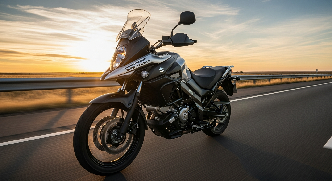Silver Suzuki V-Strom 650 adventure touring motorcycle on an open highway, the kind of import from Japan buyers chase